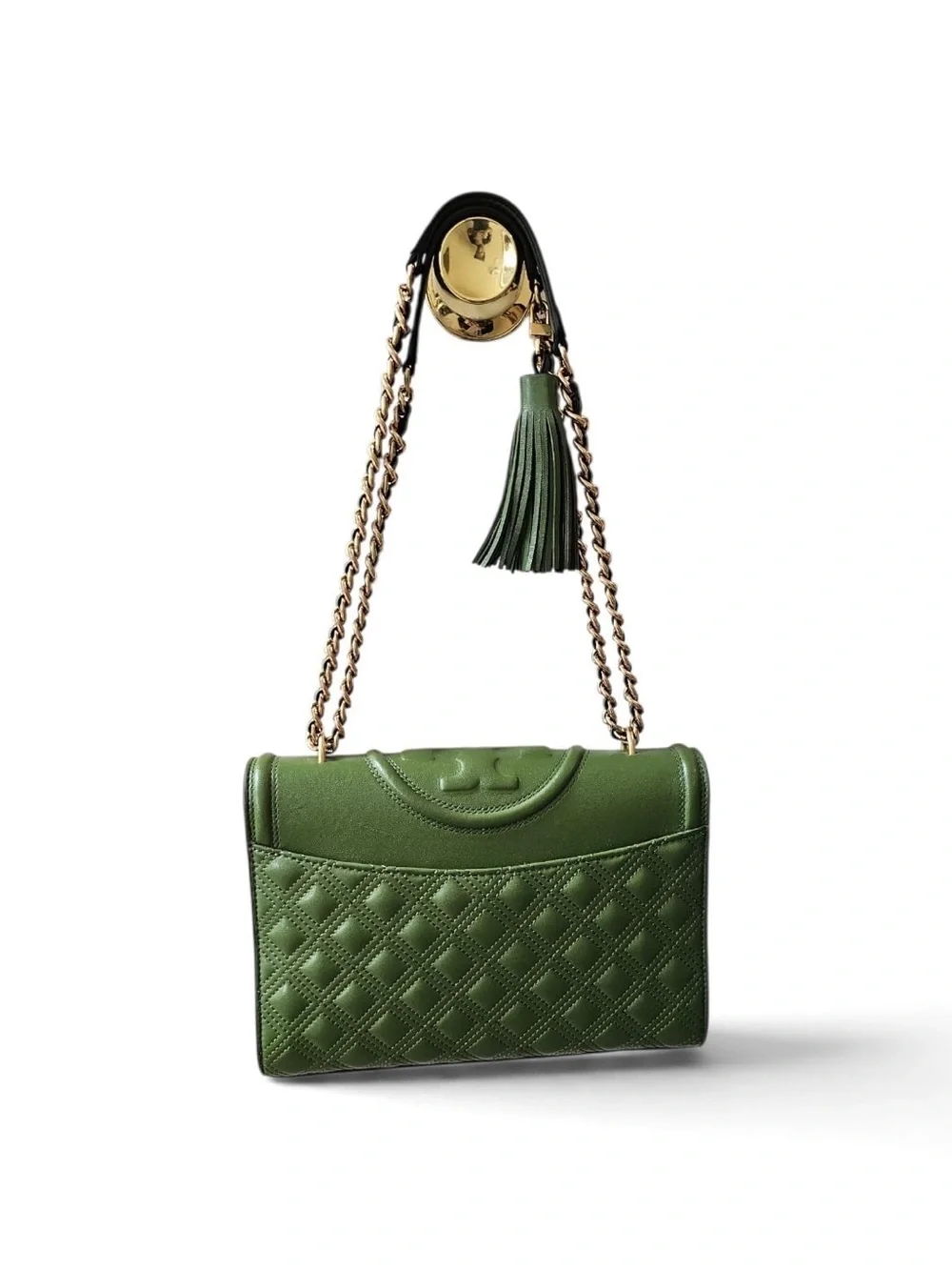 Tory Burch Olive Green Quilted Leather Shoulder Bag with Gold Chain